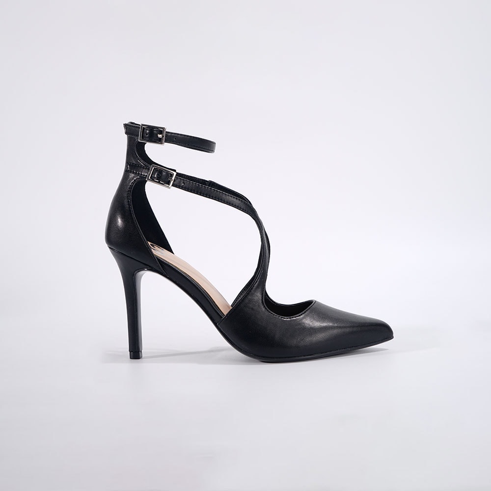 Black Closed Toe Vintage Leather Ankle Strap Pumps for Woman