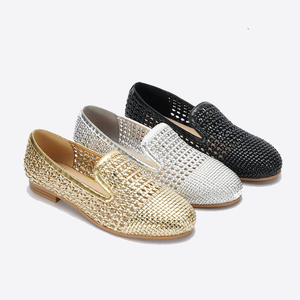 Gold Woven Slip On Women Loafer Flats