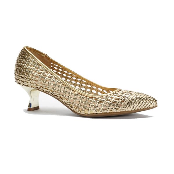 gold-closed-toe-woven-low-heel-pumps-for-women