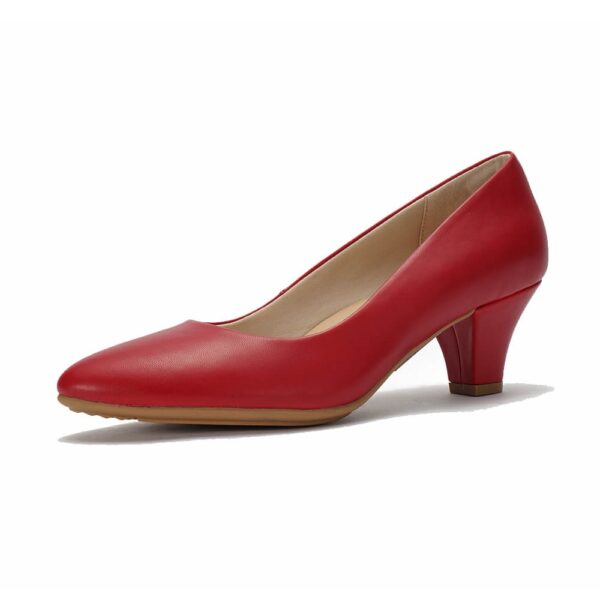 red-round-toe-low-block-heel-pumps