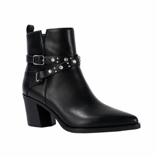 Pointed-Leather-Black-Booties-Women-With-Rhinestone-Straps